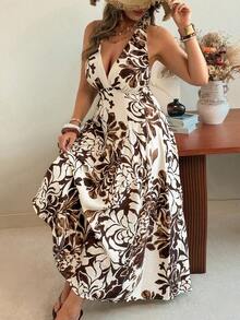 Ceyna Đầm maxi dáng chữ A hở lưng, sang trọng, thanh lịch kiểu Pháp dành cho nữ cỡ lớn mùa xuân/hè, phong cách bohemian thường ngày, thoải mái, in hoa, cổ chữ V, thắt eo, buộc dây, cổ yếm. - màu nâu - Xem 9