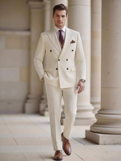 Manfinity Bizformal Men's Off-White Vertical Ribbed Blazer - Premium Textured Fabric, Slim Fit, Minimalist Old Money Style For Business Casual & Date Night/Men's Solid Color Notched Collar Double-Breasted Long Sleeve Jacket And Long Sleeve Casual Office Suit Set/Men White Pinstripe Suit/BusinessCasual/Minimalist Old Money Style With Single Breasted Blazer And Notch Lapels