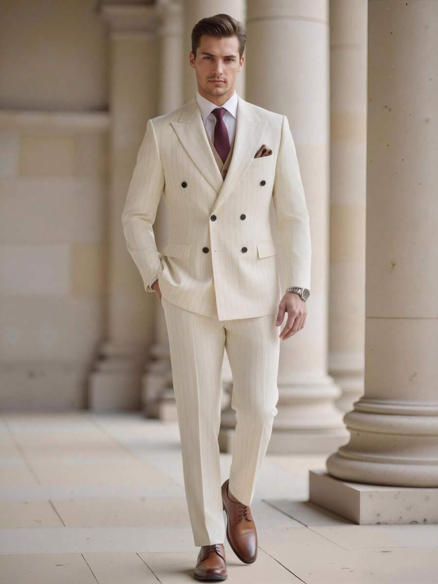 Manfinity Bizformal 男士纯色缺角领双排扣长袖西装外套和长袖休闲办公套装 - 淡黃色 - 查看 1