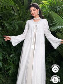 SHEIN Najma Spring/Summer Fashionable Casual Long Cotton Embroidered Open-Front Long Sleeve Wide-Hem Robe/Outerwear - White - View 6