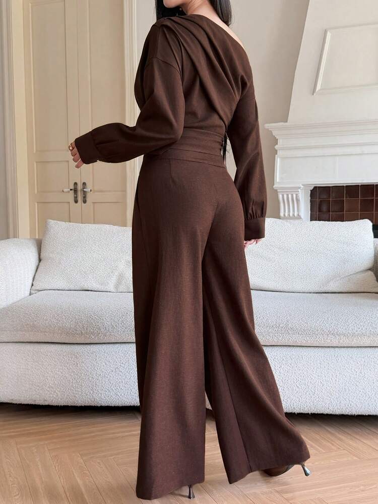 Women's Oblique Shoulder Long Sleeve Pleated Top And Pants Two Pieces Set, Fashionable Summer Minimalist