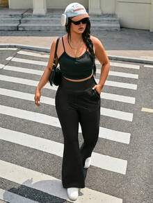 SHEIN EZwear 黑色纯色高腰休闲加大码喇叭瑜伽裤，春夏款 - 黑色 - 查看 4