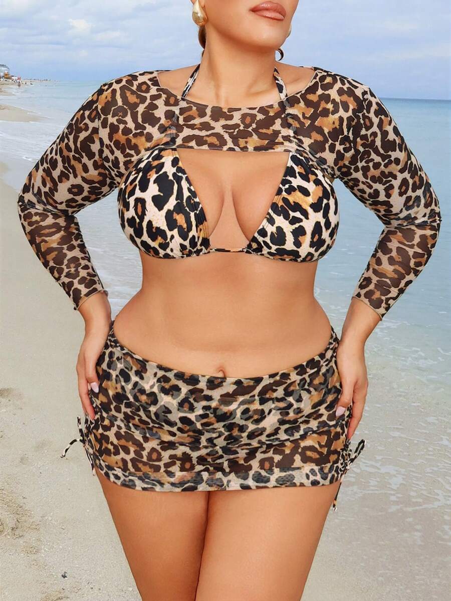 Swim SXY بيكيني مقاس كبير مكون من قطعتين بطبعة نمر، ملابس سباحة صيفية للنساء بطبعة زهور عشوائية - قهوة بني - مشاهدة 1