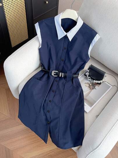 GlowEve Women's Summer Casual/Office Commute Striped Print Belted Shirt Dress