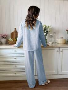 Snug Reverie Minimalist Slouchy Girl Style Yellow Striped Pajama Set, Long Sleeve Top And Pants, Elegant Home Wear, Spring/Autumn - Blue - View 2