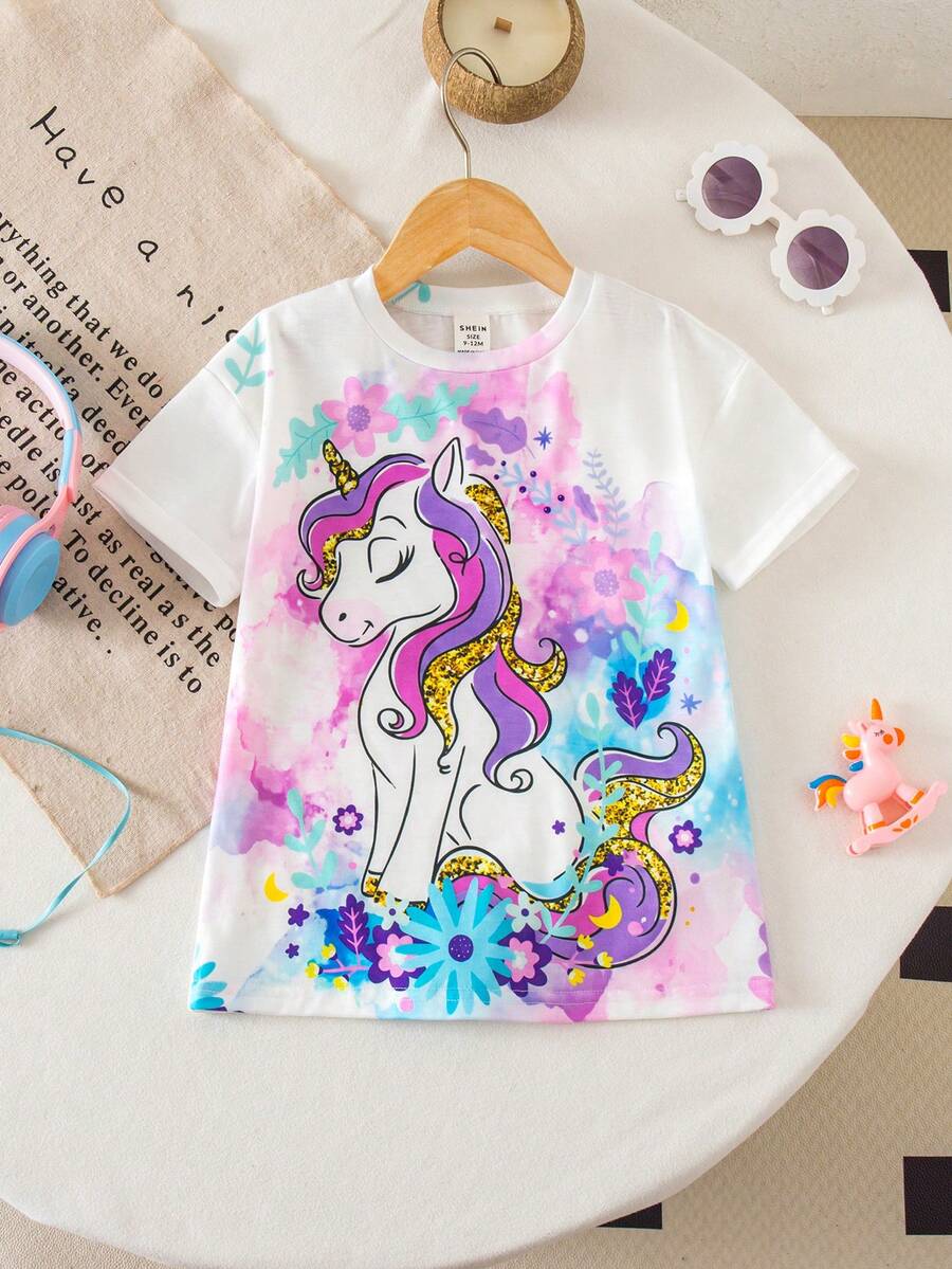 SHEIN Babygirl Cute Casual Knit Cartoon Pattern Short Sleeve Dress, Summer - Multicolor - View 1