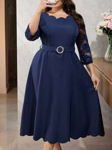 Modelyn Vestido elegante de manga larga con parches de encaje y cinturón en unicolor para tallas grandes - Azul Marino - Ver 8
