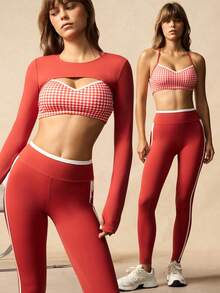 VARSIVA Bộ đồ thể thao nữ áo crop top dài tay màu trơn, áo ngực kẻ caro và quần legging - Nhiều màu - Xem 14