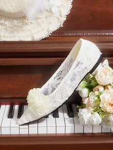 CUCCOO HITCHD Bailarinas elegantes y de moda con encaje floral 3D para mujer - Beis - Ver 11