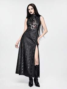 ROMWE Đầm dài ôm sát kiểu Trung Quốc cổ tàu thêu họa tiết da rắn tương phản màu sắc theo phong cách Gothic tối màu mới. - màu đen - Xem 6