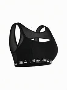 1pc Black Wide Strap Nursing Bra, Designed For Pregnant Women With Cherry LOVE Print Elastic Band And Full-Open Hook Closure Maternity Bra - Black - View 5