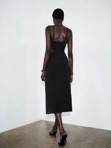 Lumivelle 女士时尚休闲通勤无袖V领连衣裙，腰部镂空金属带装饰，春夏款 - 黑色 - 查看 2