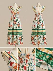 Travachic Plus Size Women's Tropical Floral Print Maxi Dress, V-Neck Flutter Sleeve Cinched Waist A-Line Long Dress, Romantic Vacation Dress For Early Spring - Multicolor - View 9