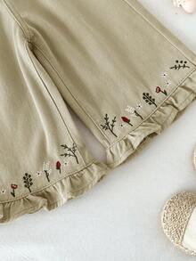 LMoss Kids Quần jean kaki dáng rộng thêu hoa cho bé gái - Màu be - Xem 8