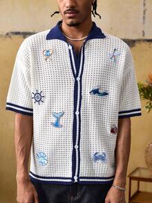 ROMWE MEN Street Life 男士刺绣撞色滚边短袖针织上衣 - 水鴨藍 - 查看 4