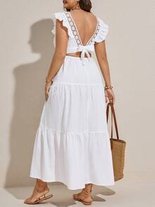 Comfylo Plus Size Summer Vacation Solid Color Textured Ruffle Hem Dress - White - View 2