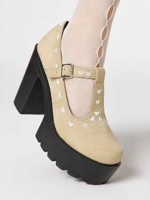 ROMWE Kawaii Women's High Heels And Shoes Black High Heels, Dark Rock Punk Gothic Shoes, Closed Toe T-Shaped With Rivets, Y2K Dress Shoes, Mary Jane Leather Shoes, Japanese JK Uniform Shoes Y2K 2000s Style - Khaki love - View 3