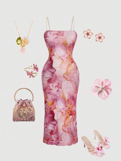 SHEIN MOD Plus Size Women Marble Print Fitted Fashionable Spaghetti Strap Mesh Dress,Pink Polyester Spandex Floral Print Midi Dress Soft Rose Marble Pattern Spaghetti Strap Bodycon Silhouette Elegant Feminine Style Spring Summer Outdoor Casual Daywear Lightweight Stretch Fabric
