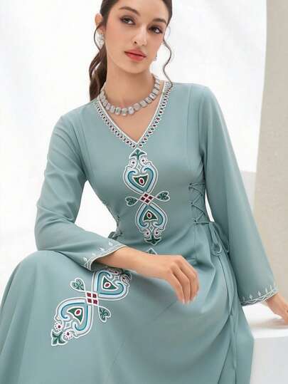 Al Najma New Embroidered V-Neck Tie-Cinched Waist Casual Vintage Dress, Versatile For Holiday And Daily Wear