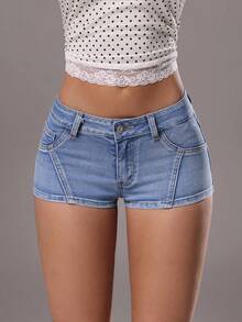 TRNVIE Quần short denim nữ kiểu dáng thường ngày, có túi và cúc. - Màu xanh lam - Xem 4