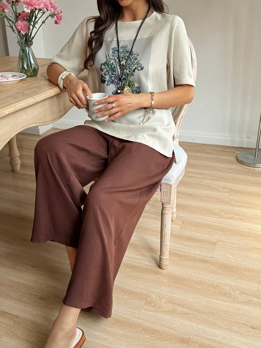 Vivie Lora Women's Floral Print Round Neck Short Sleeve Top And Pants Casual 2-Piece Set Summer Lounge Sets For Women - Apricot - View 1