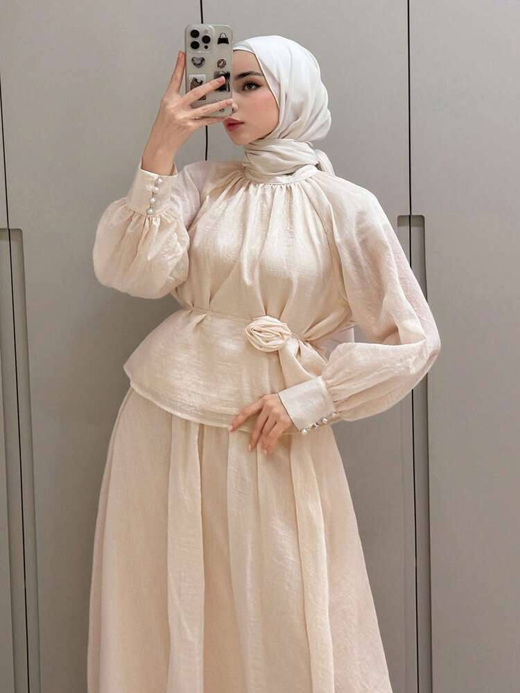 Women's Elegant Solid Color Collared Blouse And Skirt With Floral Waist Belt, 2-Piece Set, Spring/Summer