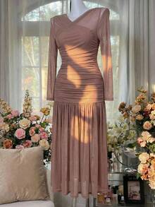 SHEIN MOD Plus Size Women Vintage Dusty Pink Mesh Long Sleeve Maxi Dress,Autumn Elegant Formal Wedding Guest Cocktail Mermaid Gown With Ruched Overlapping Neck - Dusty Pink - View 6