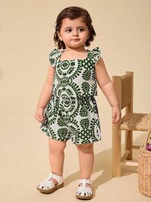 Travachic KIDS 女婴与妈妈亲子装，碎花方领荷叶边休闲背心和短裤两件套，适合度假、外出、旅行 - 綠色 - 查看 3