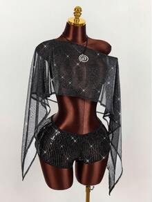 Amplova 2026 Music Festival Sheer Asymmetric Hem Crop Top & Low Waist Sequin Mini Shorts Set For Women Mesh Cover Up Bathing Suits With Ups - Black - View 11