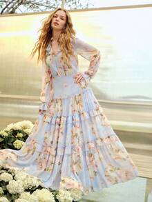 MOTF PREMIUM WOMEN'S ROMANTIC ELEGANT RUFFLE HEM FLORAL PRINT LONG SLEEVE DRESS, SPRING/SUMMER - Multicolor - View 2