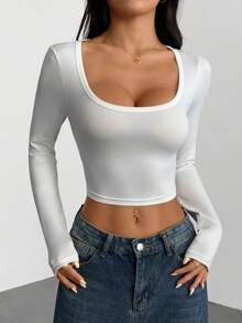 SHEIN PETITE 2pcs/Set Sexy Wide Neck Long Sleeve Form-Fitting T-Shirt Crop Tops Y2k - Multicolor - View 8