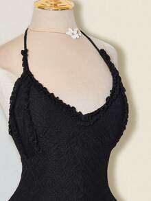 SHEIN ICON 针织提花层叠荷叶边吊带裙和吊带背心套装 - 黑色 - 查看 3