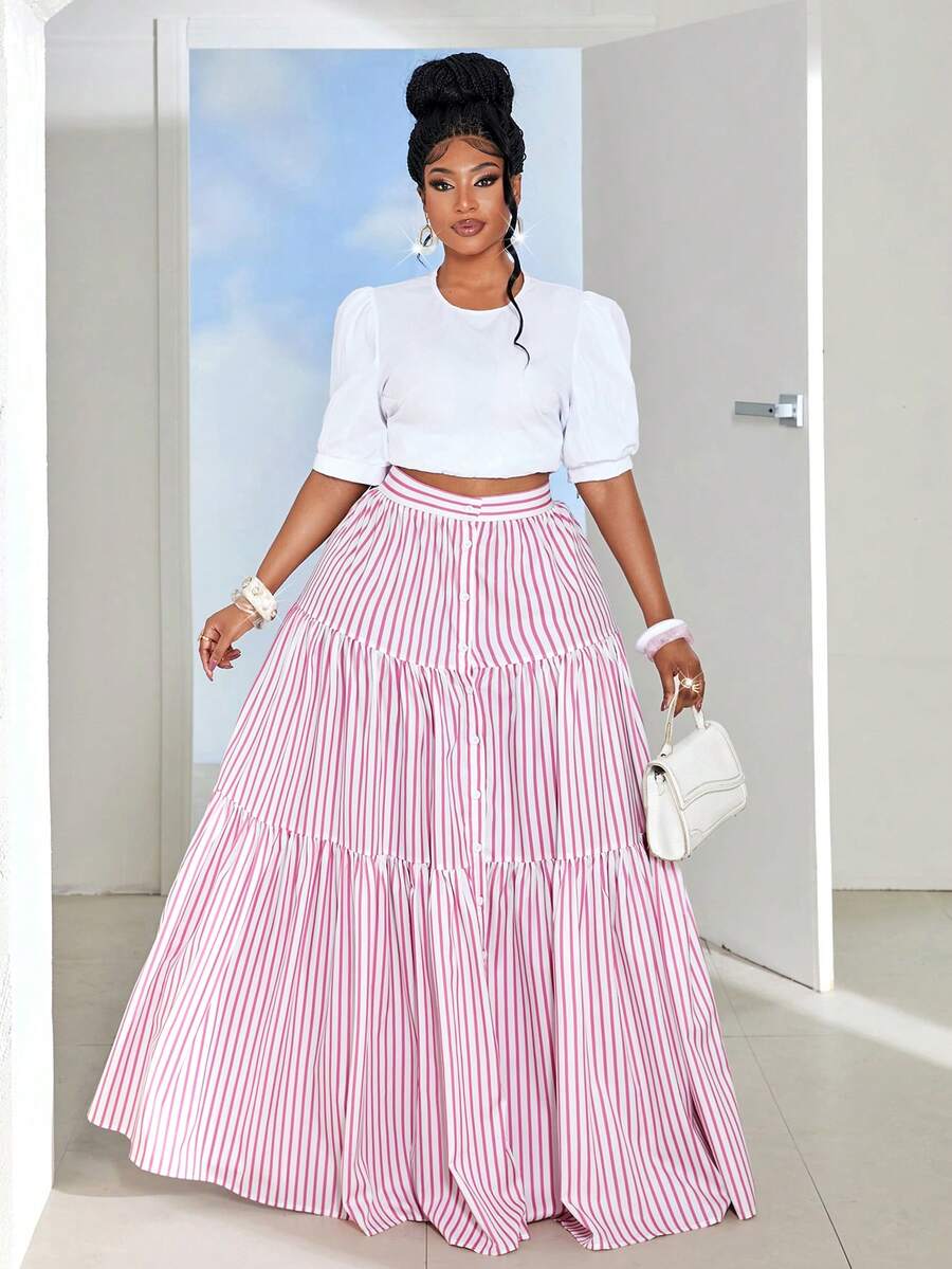 Maweii Plus Size Colorful Striped Open Front Elegant Date Skirt - Pink - View 1