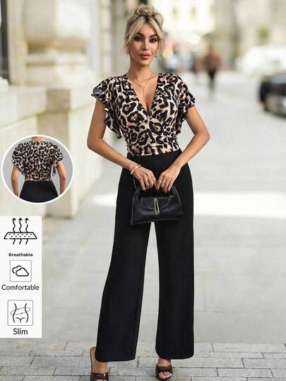 Editum Mono elegante de mujer con cuello en V profundo y mangas de mariposa, apto para uso diario, commuting y combinación