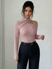 Modelyn 女士纹理不对称领长袖修身休闲T恤，适合秋冬季穿着 - 粉色 - 查看 4