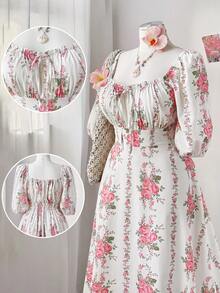 Sweetra 加大码方领长袖蓝白印花优雅复古可爱中长连衣裙 - 杏色 - 查看 1