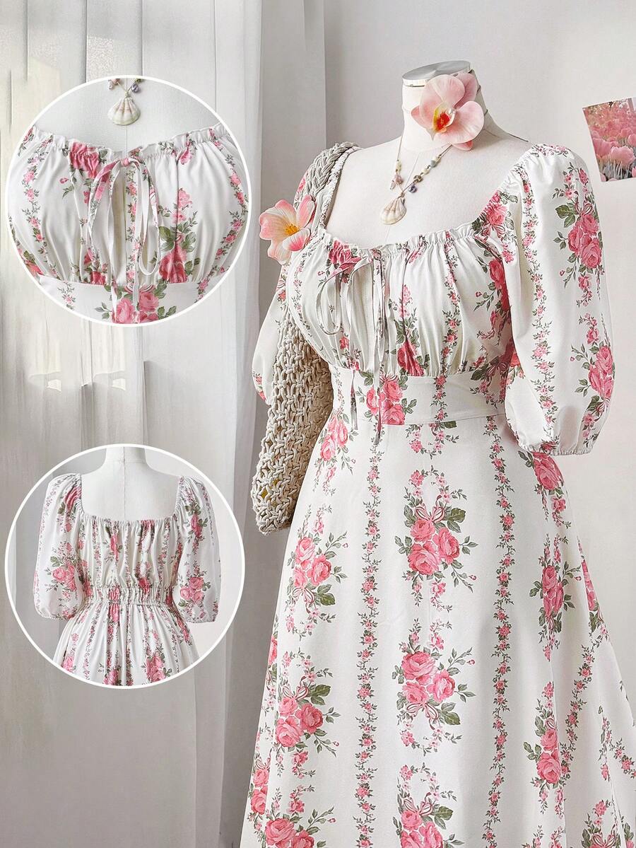 Sweetra 加大码方领长袖蓝白印花优雅复古可爱中长连衣裙 - 杏色 - 查看 1