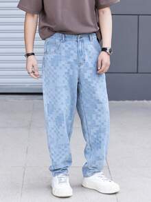 RivetRise Men's Casual Fashionable Street Chic Daily Commute Checkered Textured Washed Slim Fit Jeans Baggy Jeans Men - Light Wash - View 3