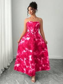Elenzga 大码女式束腰扎染印花褶裥下摆连衣裙 - 玫紅色 - 查看 5