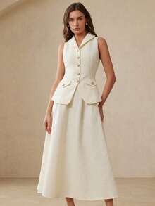 Aveloria Rosie 新款粗花呢面料背心，带纽扣口袋，优雅精致的设计，修身百搭；粗花呢喇叭下摆简约半身裙，女士两件套 - 米色 - 查看 5