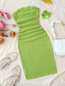 Girlism 少女绿色针织纹理修身休闲简约抹胸连衣裙 - 綠色 - 查看 2