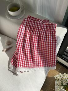Comfortcana Quần short cỡ lớn kẻ caro nâu cổ điển, kiểu dáng thường ngày. - Đỏ - Xem 1