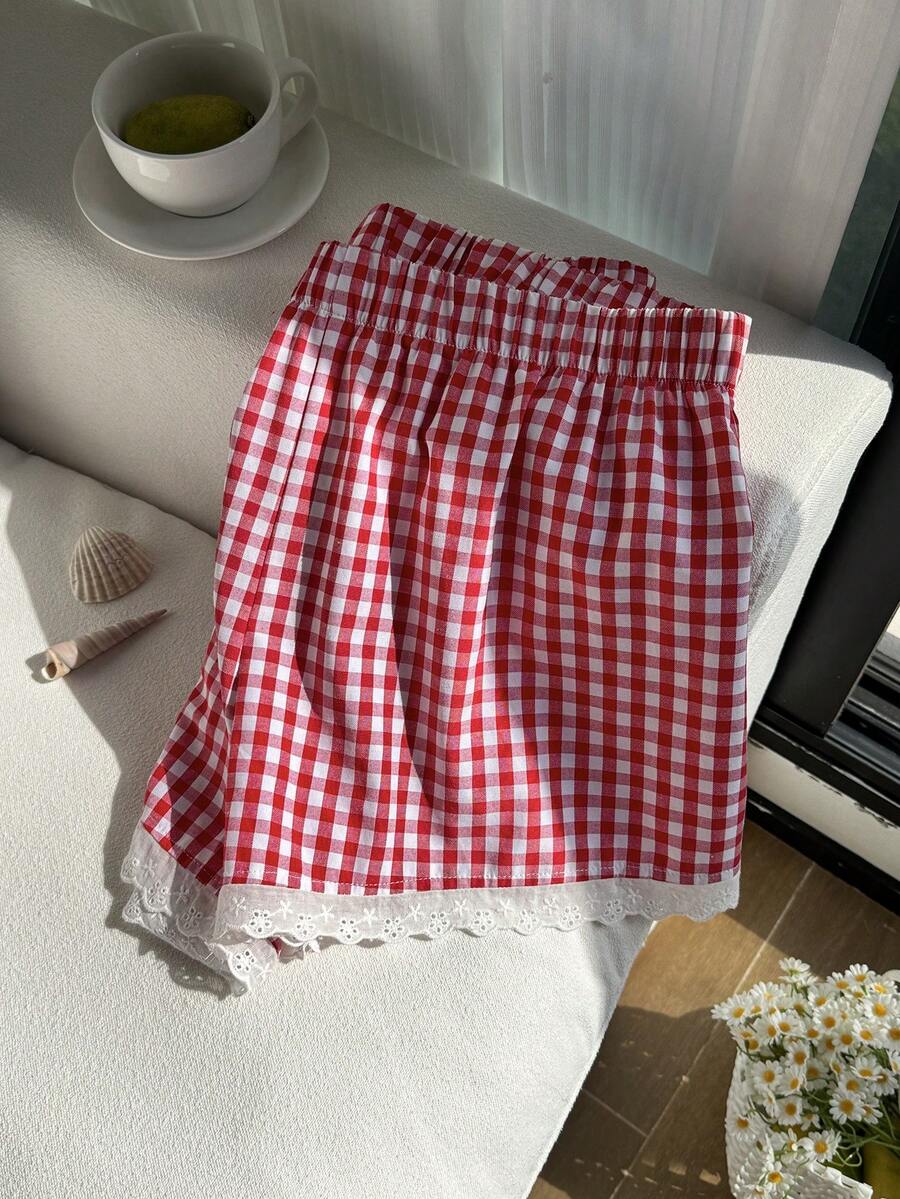 Comfortcana Quần short cỡ lớn kẻ caro nâu cổ điển, kiểu dáng thường ngày. - Đỏ - Xem 1