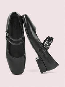 CUCCOO DOLLMOD Bombas de Salto Curto Grosso Estilo Mary Jane Vinho Tinto Femininas para Uso Casual Diário, Trabalho de Escritório, Festa, Transporte, BORDÔ, Sapatos de Primavera, Primavera, Páscoa, Natal - Preto - Visão 2