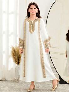 SHEIN Tween Girl Gold Ribbon Contrast Mesh Cardigan V-Neck Dress 2 Pieces Set Abaya For Kids Girls Arabic White And Abayas - White - View 5