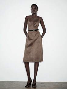 Lumivelle Women's Round Neck Solid Color Suede A-Line Dress With Waist Belt, Spring/Summer Chocolate Brown Dress Coffee Brown Dress - Brown - View 3