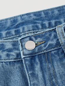 SHEIN MOD 女士休闲日常爱心刺绣斜插口袋阔腿牛仔裤 - 藍色 - 查看 5