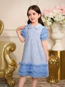 Vestido con cuello de malla de contraste lindo para niñas jóvenes - Azul - Ver 5