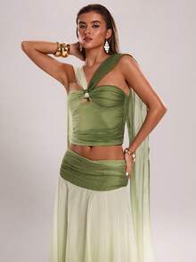 SHEIN BAE 女士渐变印花领巾吊带背心，适合度假休闲穿着，优雅渐变绿色吊带背心，沙滩度假吊带背心 - 薄荷綠 - 查看 6