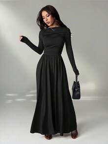 SHEIN PETITE Đầm nữ thanh lịch màu trơn, thắt eo - màu đen - Xem 11